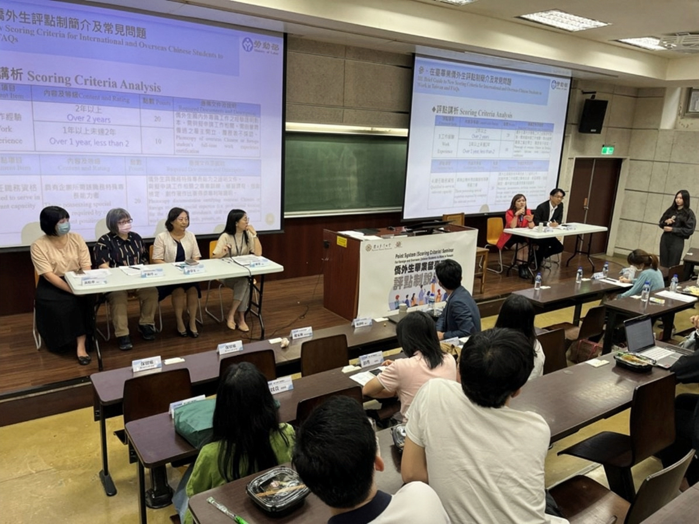 各機關代表(左三移民署臺北服務站蘇慧雯主任、左四勞動部王續蓉科長；右二陸委會魏淑娟副處長、右一蔡孟潔科長)針對同學提問，詳細回應說明。